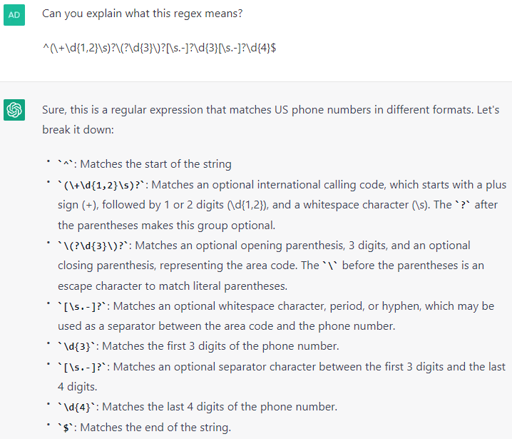 Screenshot from chatGPT showing it breaking down a regular expression and explaining what each part means