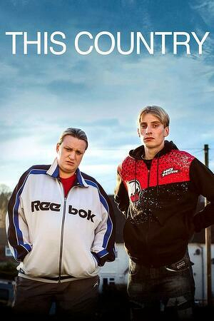 Auto-generated description: Two people in casual sportswear stand side by side under a blue sky, with the text THIS COUNTRY above them.